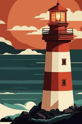 Lighthouse on the sea at sunset. Vector illustration in flat style