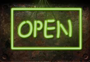 inscription open in green neon letters photo