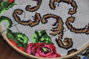 Closeup wooden hoop with the embroidery stitch photo
