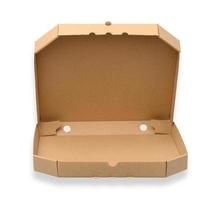 open empty cardboard square pizza box, brown paper packaging isolated on white background photo