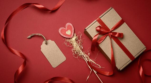 caja rectangular de cartón marrón atada con una cinta roja de seda sobre un fondo rojo, foto