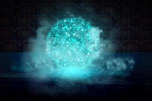 glowing neon ball in the middle of the water surface, behind a brick wall. Abstract background photo