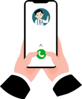 illustration of a hand holding a mobile phone making a phone call to a doctor online. online doctor consultation. consultation online with doctor. online doctor application png