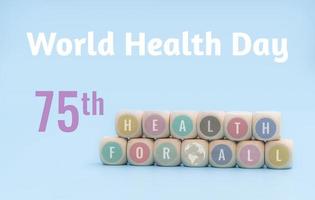 World health day 2023 with health for all concept. WHO 75 years anniversary year. 7 April is World Health Day. World health day design concept on blue background. Text and globe symbols on cubes. photo