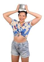 Portrait cute woman in Songkran festival with water bowl photo