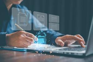 Online documentation database and process document electronic automation platform, IT staff working with Document Management System, DMS, Corporate business technology. Cognition on modern management. photo