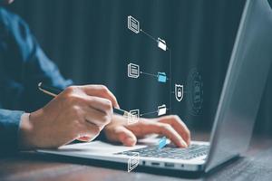 Online documentation database and process document electronic automation platform, IT staff working with Document Management System, DMS, Corporate business technology. Cognition on modern management. photo