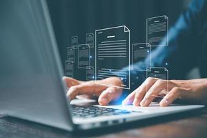 Online documentation database and process document electronic automation platform, IT staff working with Document Management System, DMS, Corporate business technology. Cognition on modern management. photo