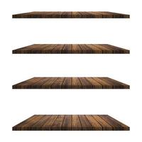 4 Wood shelves table isolated on white background and display montage for product. photo