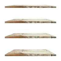 4 old wood shelves table isolated on white background and display montage for product. photo