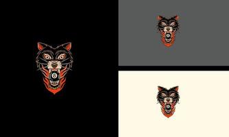 Cabeza de lobo negro y llamas, diseño de ilustraciones vectoriales vector