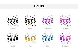 Lights icons in different style. Lights icons set. Holiday symbol. Different style icons set. Vector illustration