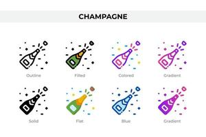 Champagne icons in different style. Champagne icons set. Holiday symbol. Different style icons set. Vector illustration