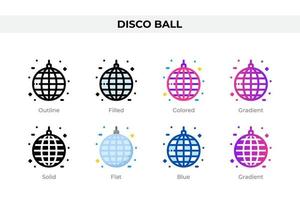 iconos de bolas de discoteca en diferentes estilos. conjunto de iconos de bola de discoteca. símbolo de vacaciones. conjunto de iconos de estilo diferente. ilustración vectorial vector