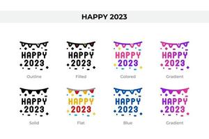 Happy 2023 icons in different style. Happy 2023 icons set. Holiday symbol. Different style icons set. Vector illustration