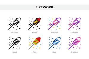 Firework icons in different style. Firework icons set. Holiday symbol. Different style icons set. Vector illustration