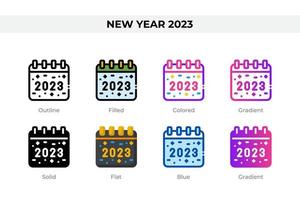 New Year 2023 icons in different style. New Year 2023 icons set. Holiday symbol. Different style icons set. Vector illustration