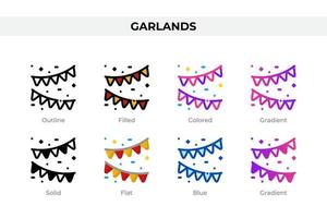 Garlands icons in different style. Garlands icons set. Holiday symbol. Different style icons set. Vector illustration