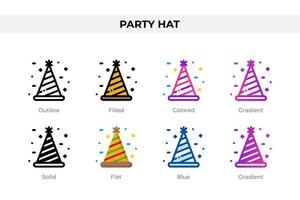 Party hat icons in different style. Party hat icons set. Holiday symbol. Different style icons set. Vector illustration