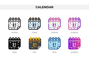 Calendar icons in different style. Calendar icons set. Holiday symbol. Different style icons set. Vector illustration