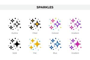 Sparkles icons in different style. Sparkles icons set. Holiday symbol. Different style icons set. Vector illustration