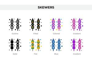 Skewers icons in different style. Skewers icons set. Holiday symbol. Different style icons set. Vector illustration