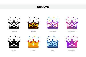 Crown icons in different style. Crown icons set. Holiday symbol. Different style icons set. Vector illustration