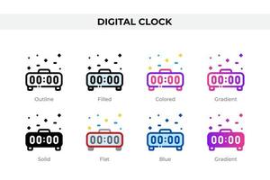 iconos de reloj digital en un estilo diferente. conjunto de iconos de reloj digital. símbolo de vacaciones. conjunto de iconos de estilo diferente. ilustración vectorial vector