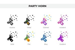 Party horn icons in different style. Party horn icons set. Holiday symbol. Different style icons set. Vector illustration