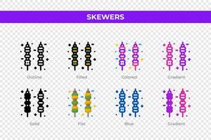 Skewers icons in different style. Skewers icons set. Holiday symbol. Different style icons set. Vector illustration