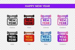 Happy new year icons in different style. Happy new year icons set. Holiday symbol. Different style icons set. Vector illustration