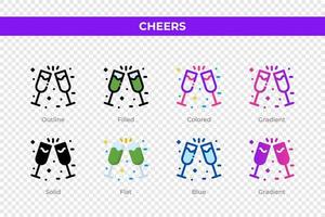 Cheers icons in different style. Cheers icons set. Holiday symbol. Different style icons set. Vector illustration