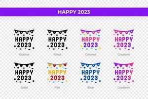 Happy 2023 icons in different style. Happy 2023 icons set. Holiday symbol. Different style icons set. Vector illustration