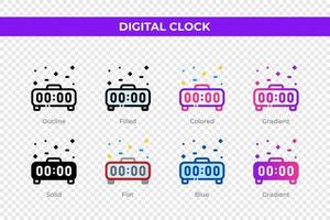 iconos de reloj digital en un estilo diferente. conjunto de iconos de reloj digital. símbolo de vacaciones. conjunto de iconos de estilo diferente. ilustración vectorial vector