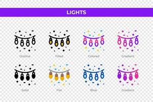 Lights icons in different style. Lights icons set. Holiday symbol. Different style icons set. Vector illustration