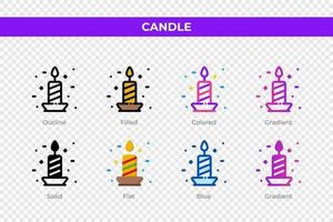 Candle icons in different style. Candle icons set. Holiday symbol. Different style icons set. Vector illustration