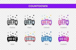 Countdown icons in different style. Countdown icons set. Holiday symbol. Different style icons set. Vector illustration