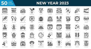 New year 2023 icons in line style. Calendar, Confetti, Pizza. Outline icons collection. Holiday symbol. Vector illustration