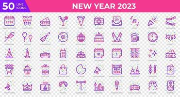 New year 2023 icons in colored line style. Calendar, Confetti, Pizza. Colored outline icons collection. Holiday symbol. Vector illustration