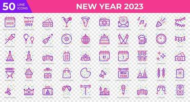 New year 2023 icons in colored line style. Calendar, Confetti, Pizza. Colored outline icons collection. Holiday symbol. Vector illustration