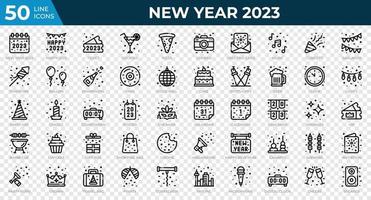 New year 2023 icons in line style. Calendar, Confetti, Pizza. Outline icons collection. Holiday symbol. Vector illustration