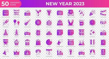 New year 2023 icons in gradient style. Calendar, Confetti, Pizza. Gradient icons collection. Holiday symbol. Vector illustration