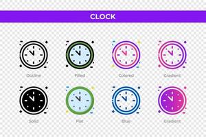 Clock icons in different style. Clock icons set. Holiday symbol. Different style icons set. Vector illustration