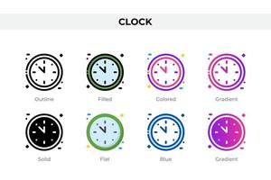 Clock icons in different style. Clock icons set. Holiday symbol. Different style icons set. Vector illustration