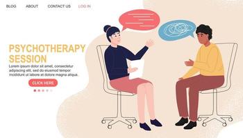 Psychotherapy session. Mental health. Landing page. Psychologist with a patient. Talk. vector