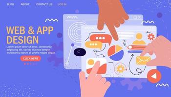 Work on creating an application. Web design, ui, u, programming. The concept of creating an application, website. Landing page. For advertising or app. Vector illustration in a modern style.