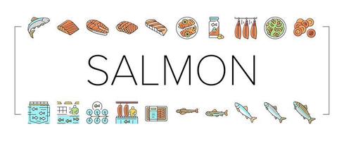 salmón, pescado, delicioso, mariscos, iconos, conjunto, vector