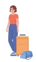 turista femenina despeinada con bolsa y equipaje carácter vectorial de color semiplano. figura editable. persona de cuerpo completo en blanco. ilustración de estilo de dibujos animados simple para diseño gráfico web y animación vector