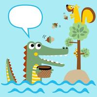 vector cartoon of squirrels on tree give oak nuts to crocodile in water