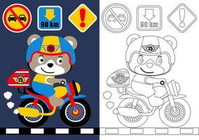 coloring book or page, cute bear on motorcycle with road sign, vector cartoon illustration